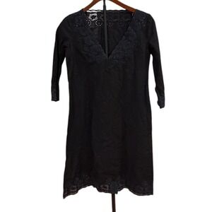 Untitled Black Eyelet Lace V-Neck Shift Dress Japenese Sleeve Boho Linen Blend 2
